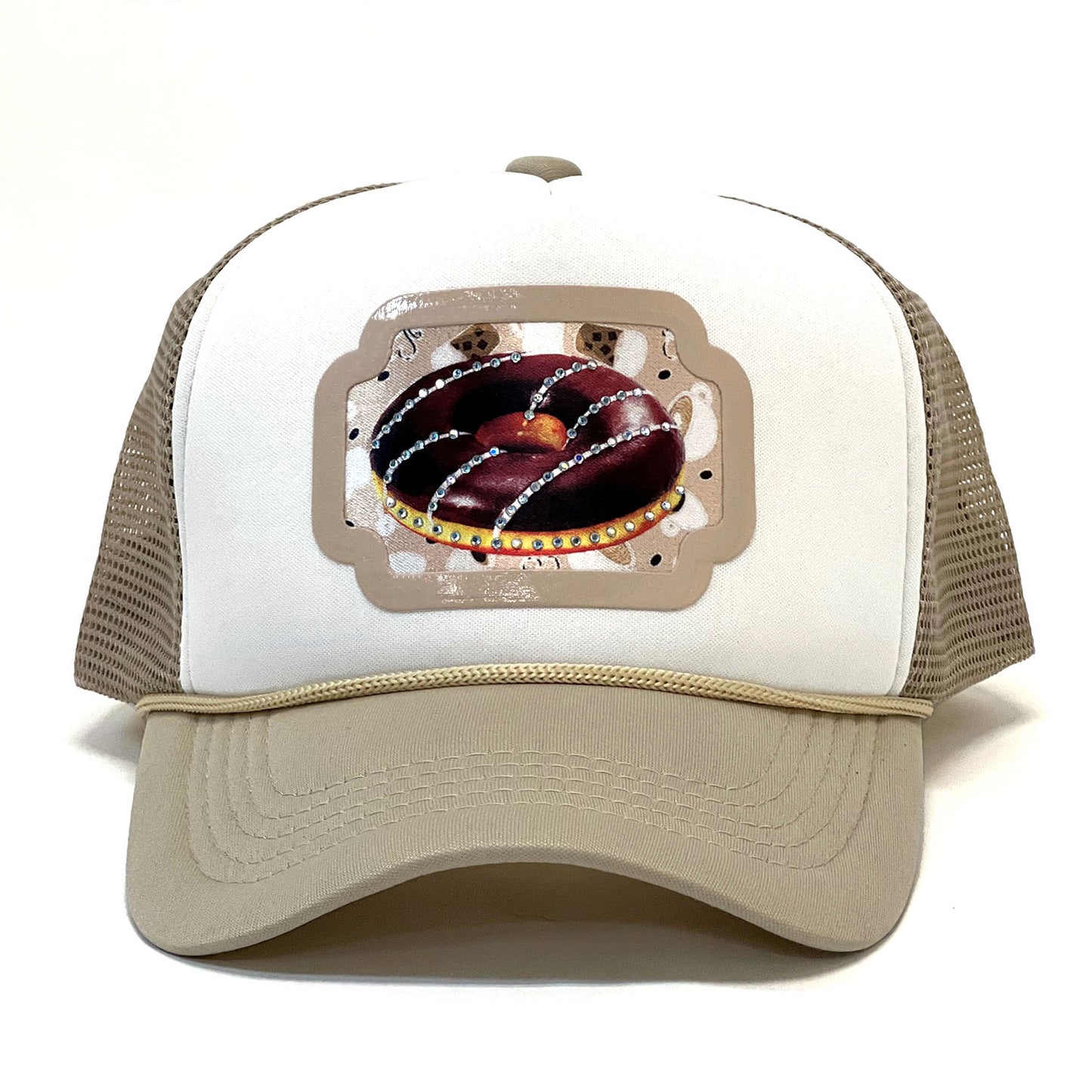 Chocolate Donut & Coffee Trucker Snapback Fitted Cap with Luxury Rhinestone Detail – Unisex Design for Fashion-Forward Individuals