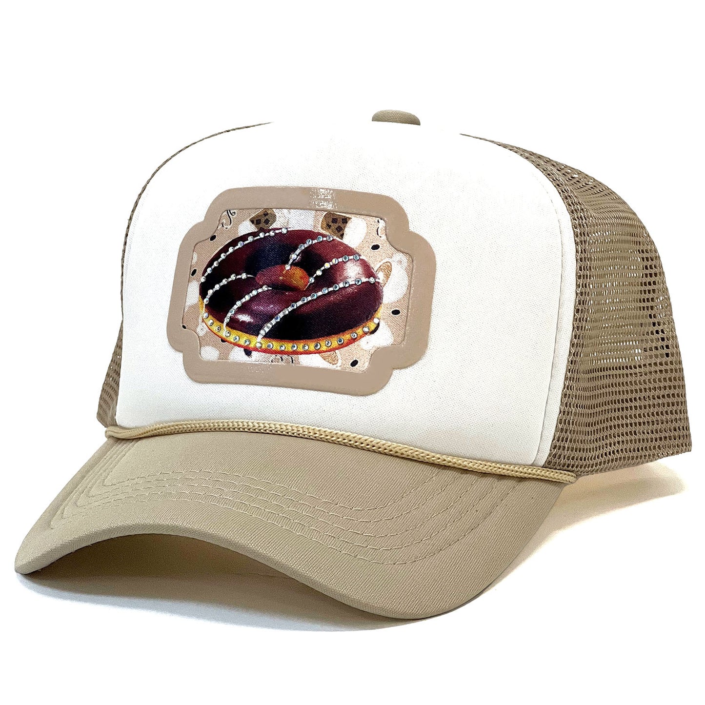 Chocolate Donut & Coffee Trucker Snapback Fitted Cap with Luxury Rhinestone Detail – Unisex Design for Fashion-Forward Individuals