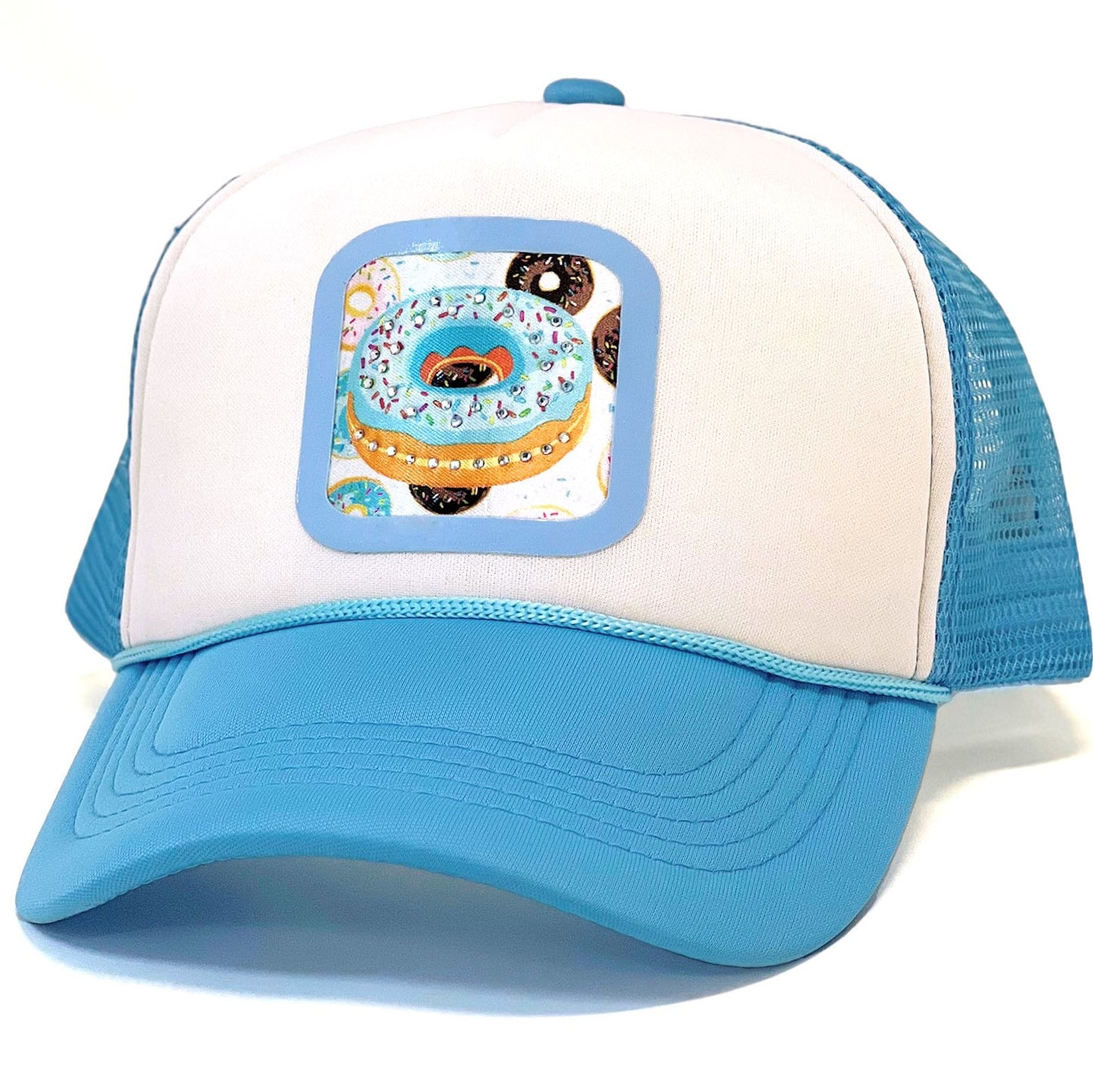 Unisex "Donuts" Vintage Vinyl Sublimation & Rhinestone Detail Trucker & Baseball Hat Premium Quality