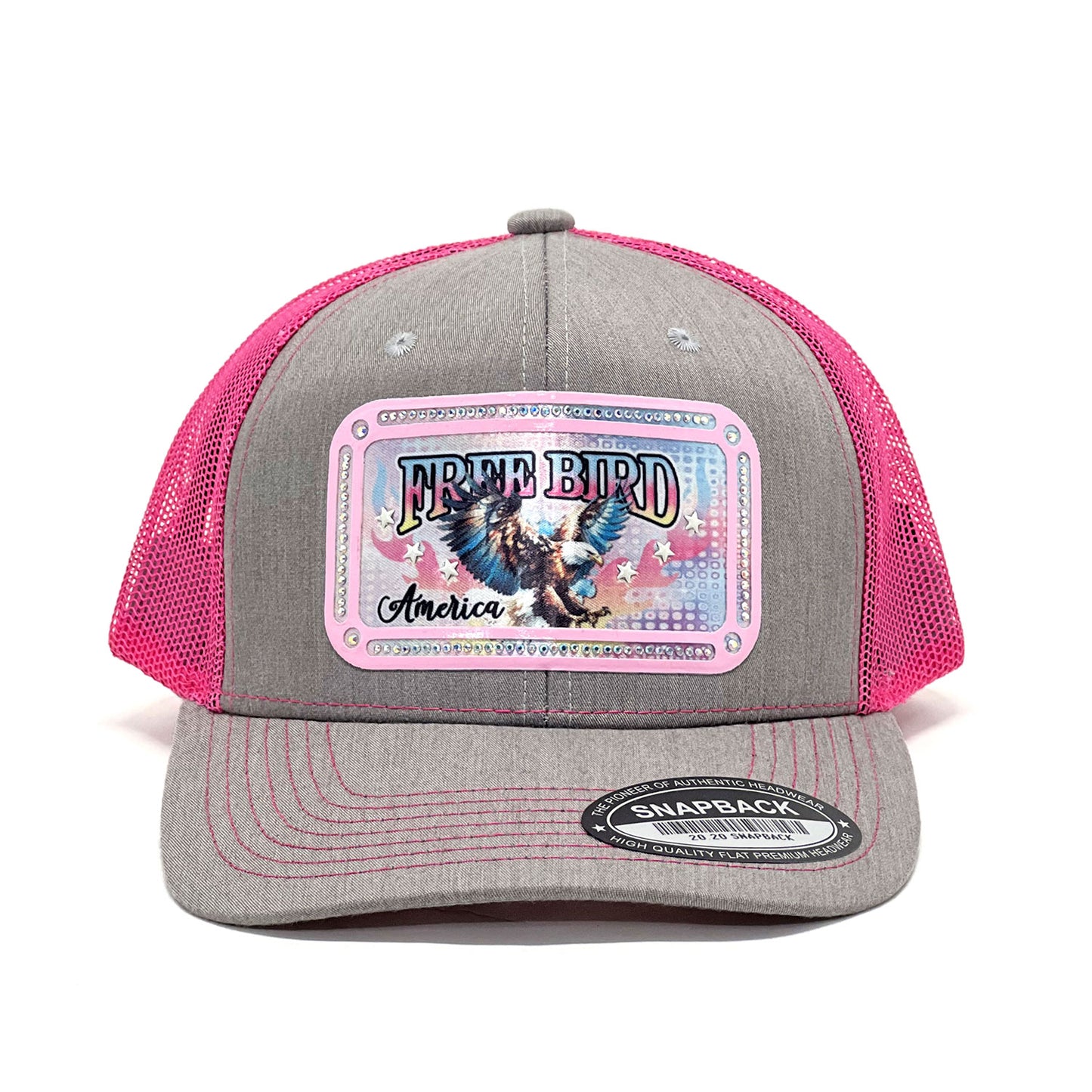 Patriotic Lovers with 'Free Bird America' Eagle Print Rhinestone Detail Vinyl Patch Trucker Hats