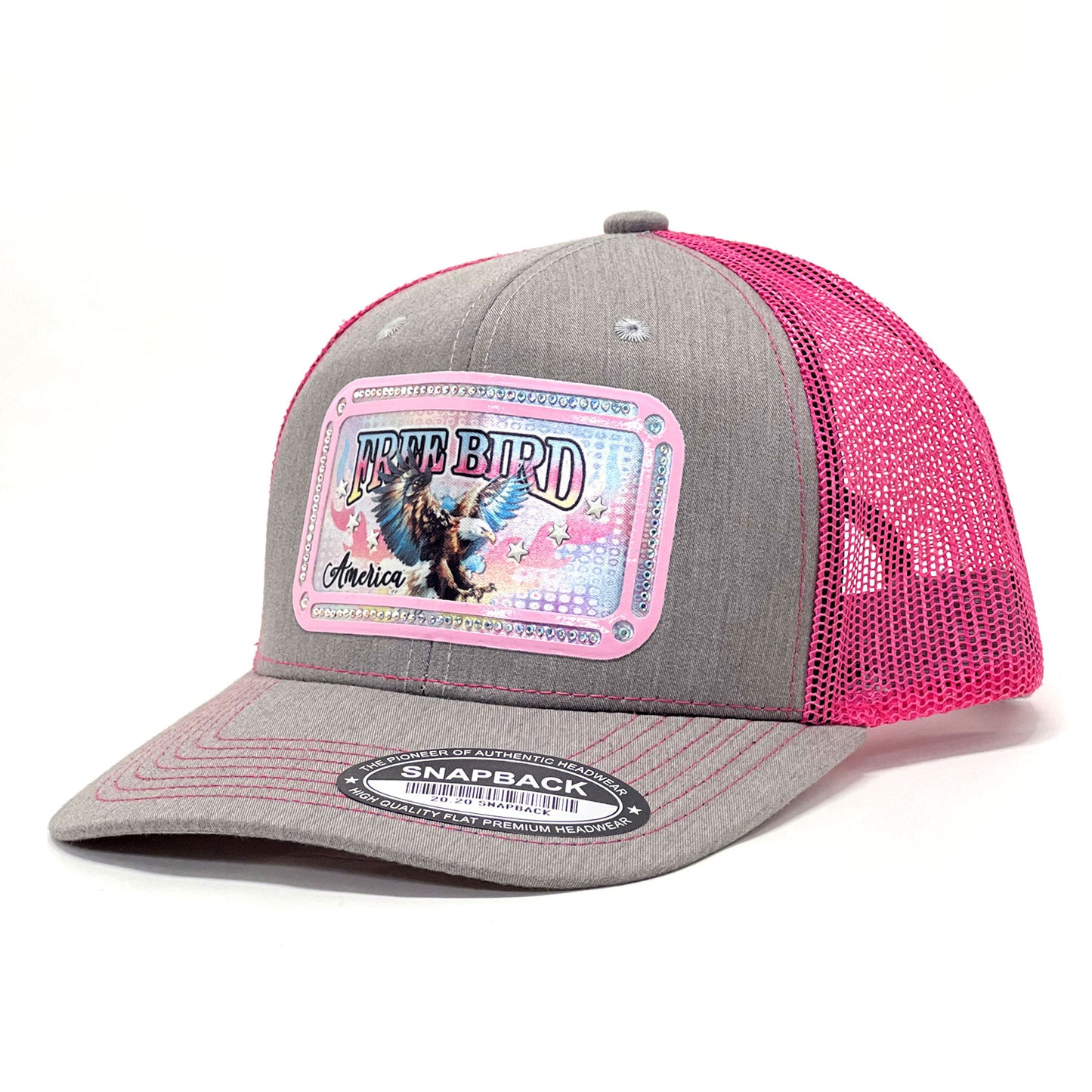 Patriotic Lovers with 'Free Bird America' Eagle Print Rhinestone Detail Vinyl Patch Trucker Hats