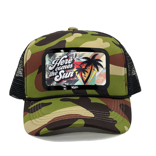 Unisex 'Here Comes the Sun' Camo Print Premium Snapback Trucker Cap