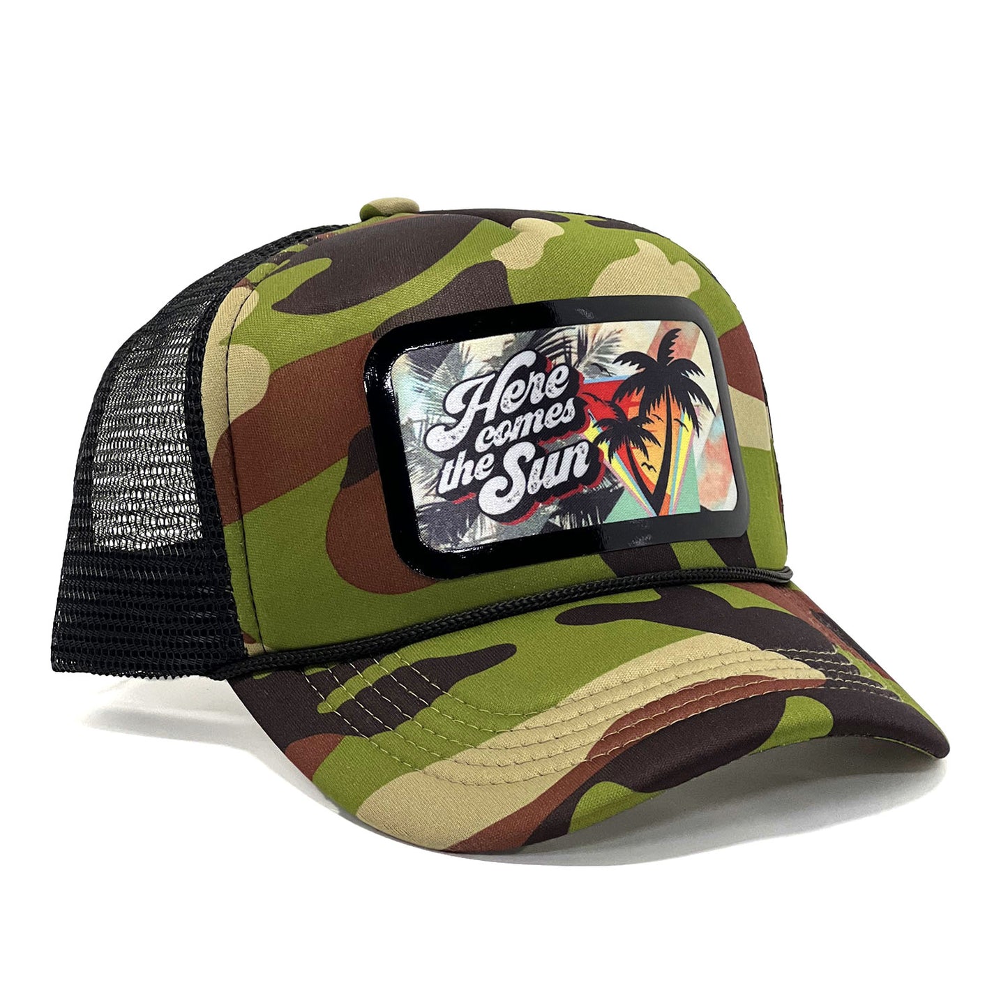 Unisex 'Here Comes the Sun' Camo Print Premium Snapback Trucker Cap