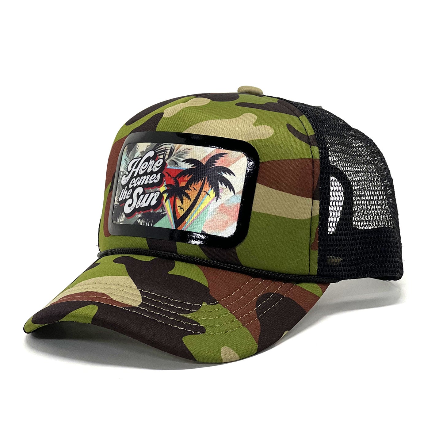 Unisex 'Here Comes the Sun' Camo Print Premium Snapback Trucker Cap