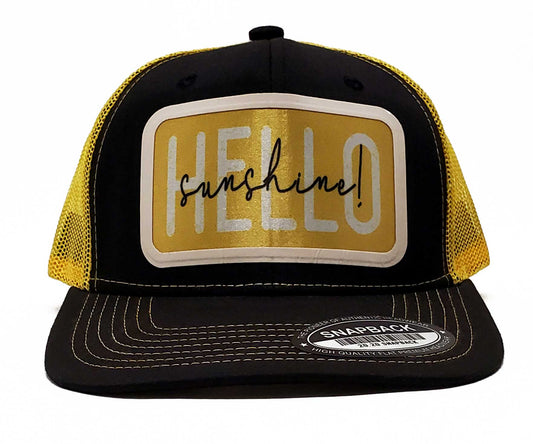 'Hello Sunshine' Vinyl Premium Trendy Baseball Cap & Adjustable Snapback Trucker Hat, Sunny Outlooks