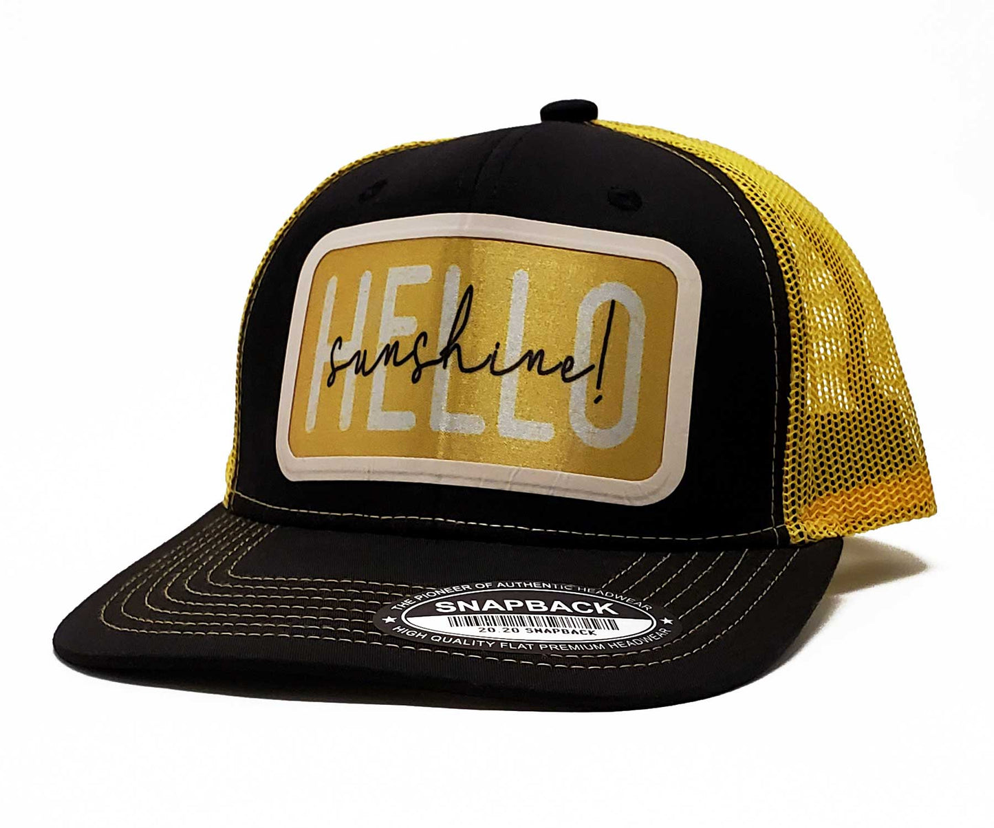 'Hello Sunshine' Vinyl Premium Trendy Baseball Cap & Adjustable Snapback Trucker Hat, Sunny Outlooks