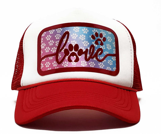 "Love Pets" Footprint Premium Fitted Trucker Hat & Snapback Baseball Cap, Adorable Pet-Themed